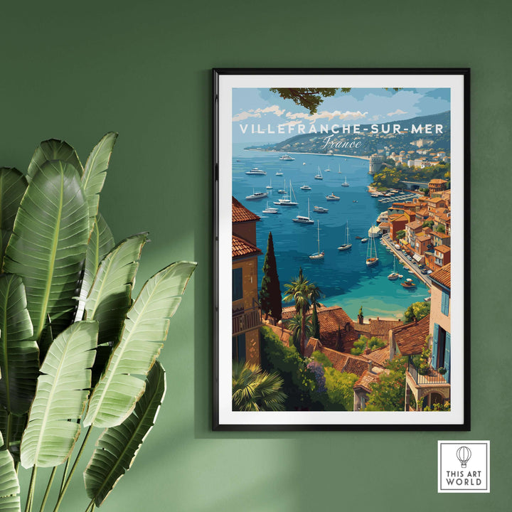 Villefranche-sur-Mer travel poster showcasing a scenic view of the French coastal town with boats and Mediterranean charm.
