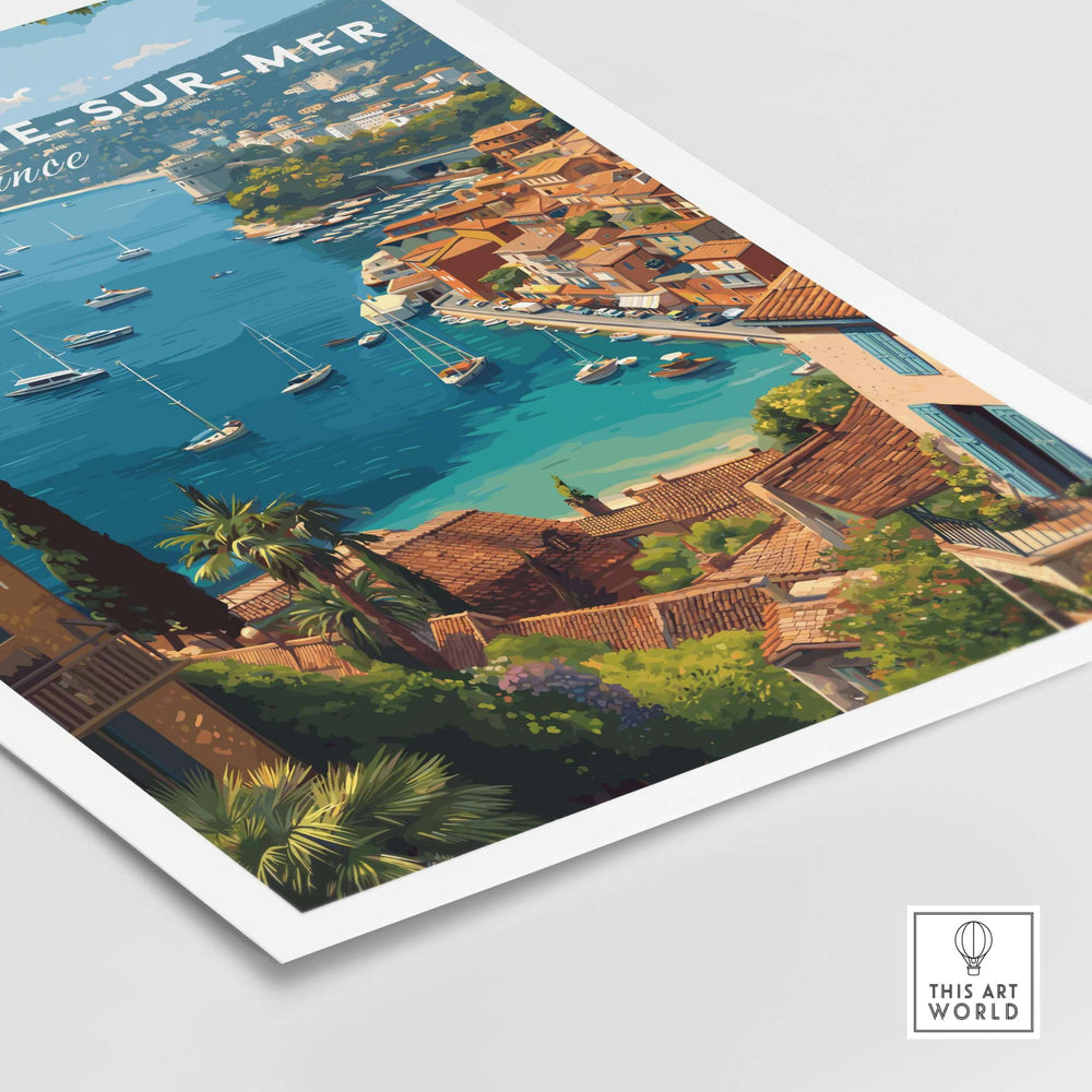 Villefranche-sur-Mer travel poster showcasing the beautiful coastal town in France with boats and Mediterranean scenery.