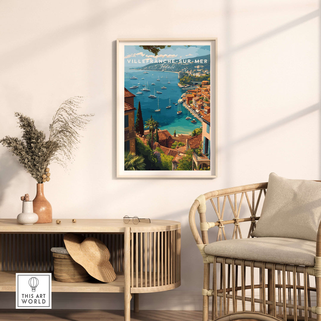 Villefranche-sur-Mer poster displayed on a wall in a stylish living room, showcasing the French coastal beauty.