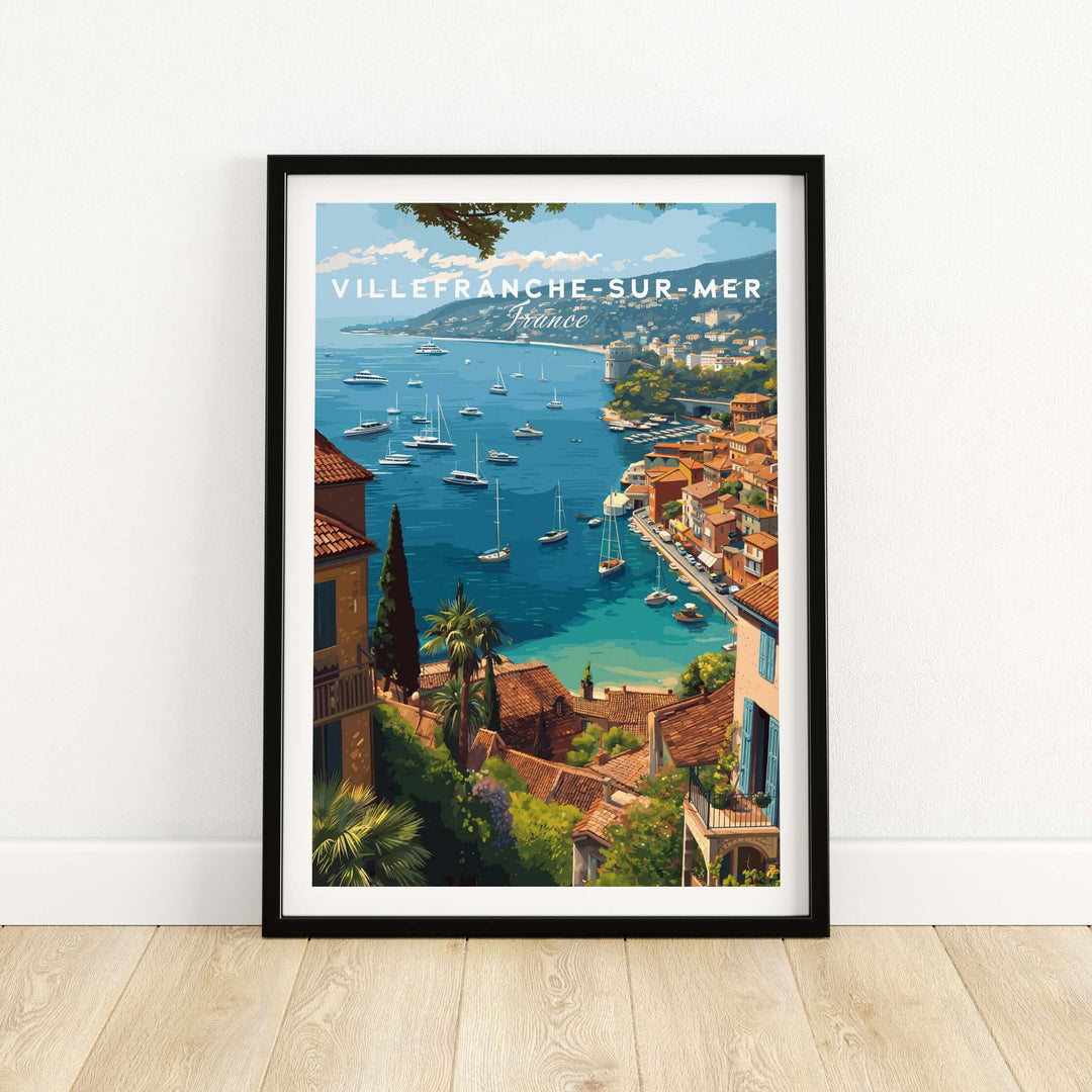 Villefranche-sur-Mer poster showcasing the scenic French coastal town with clear blue waters and boats, perfect for travel enthusiasts.