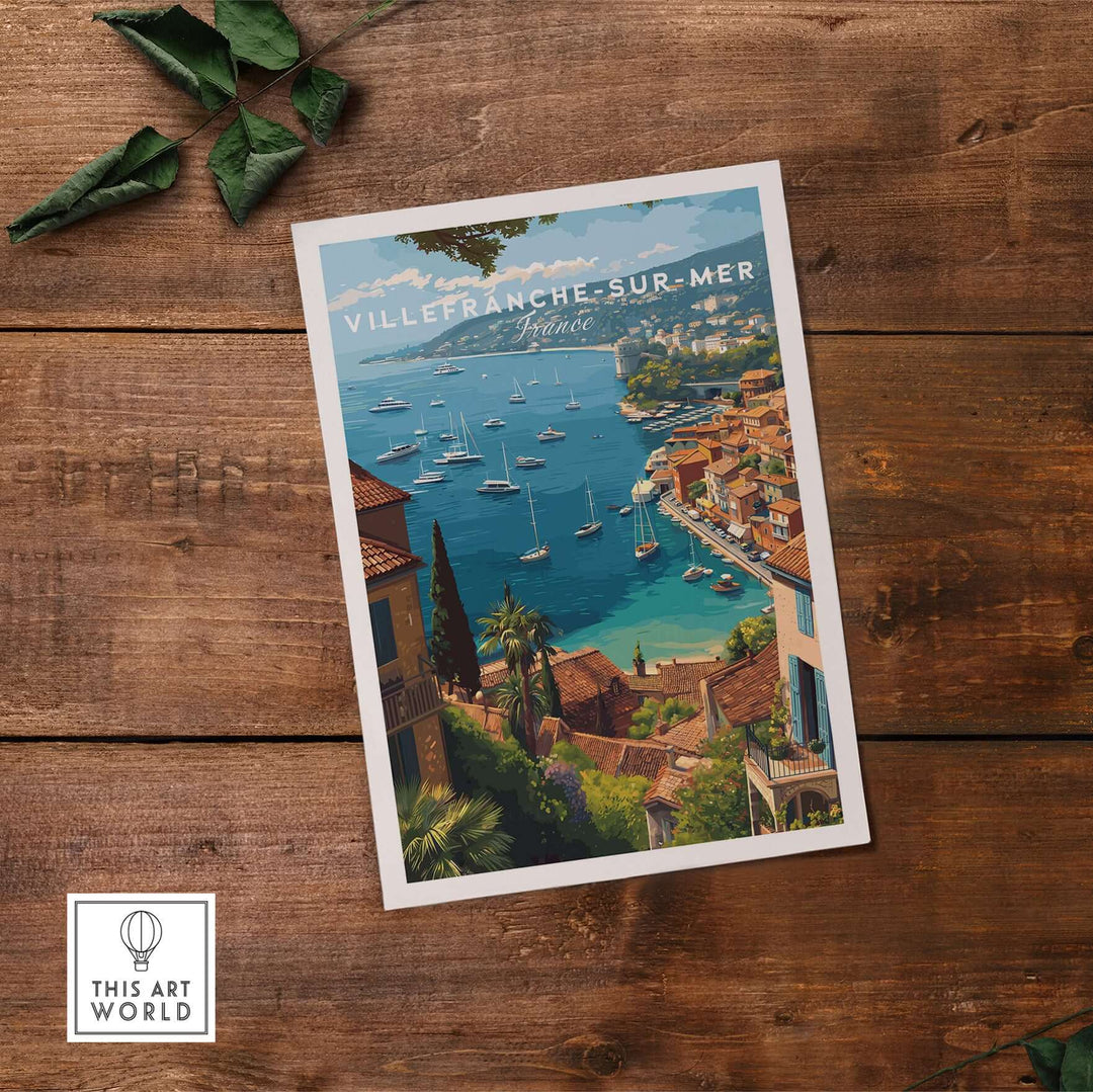 Villefranche-sur-Mer France travel poster showcasing coastal scenery and Mediterranean charm.