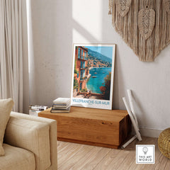 Villefranche-sur-Mer Poster - French Riviera Wall Art - Coastal Village Print displayed in a stylish living room setting.
