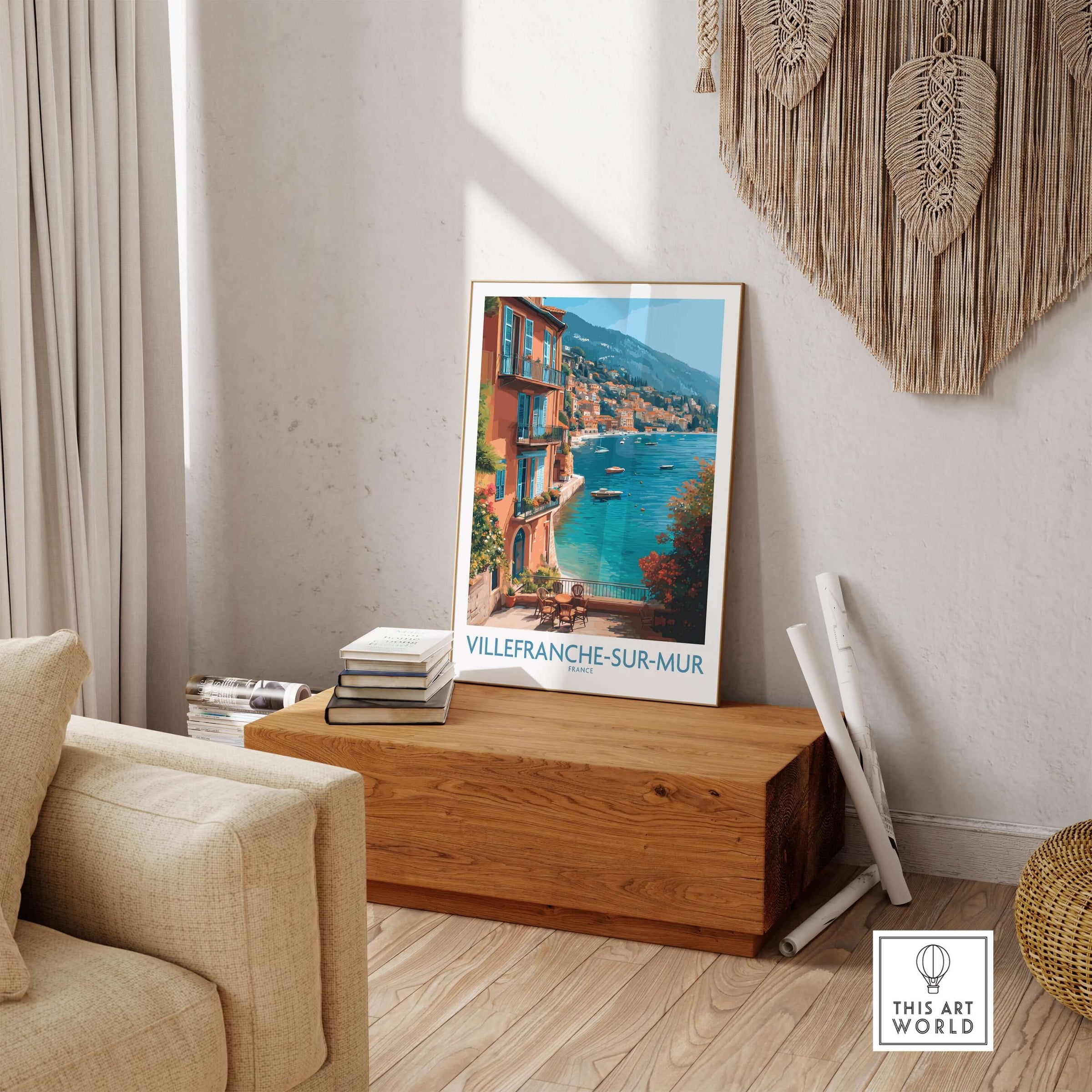 Villefranche-sur-Mer Poster - French Riviera Wall Art - Coastal Village Print displayed in a stylish living room setting.