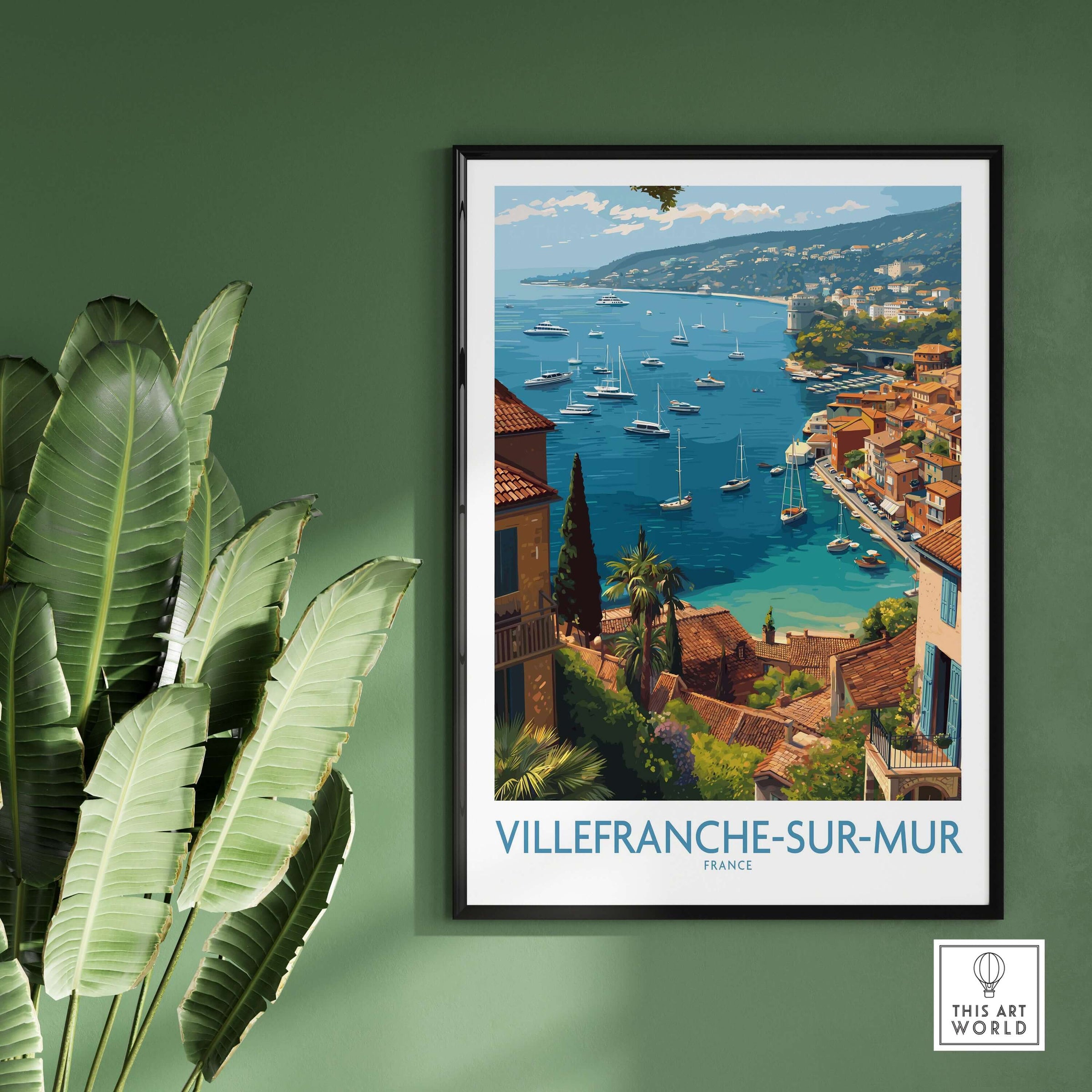 Villefranche-sur-Mer Travel Poster - French Riviera Wall Art - Art Print showcasing coastal scenery and elegant architecture.