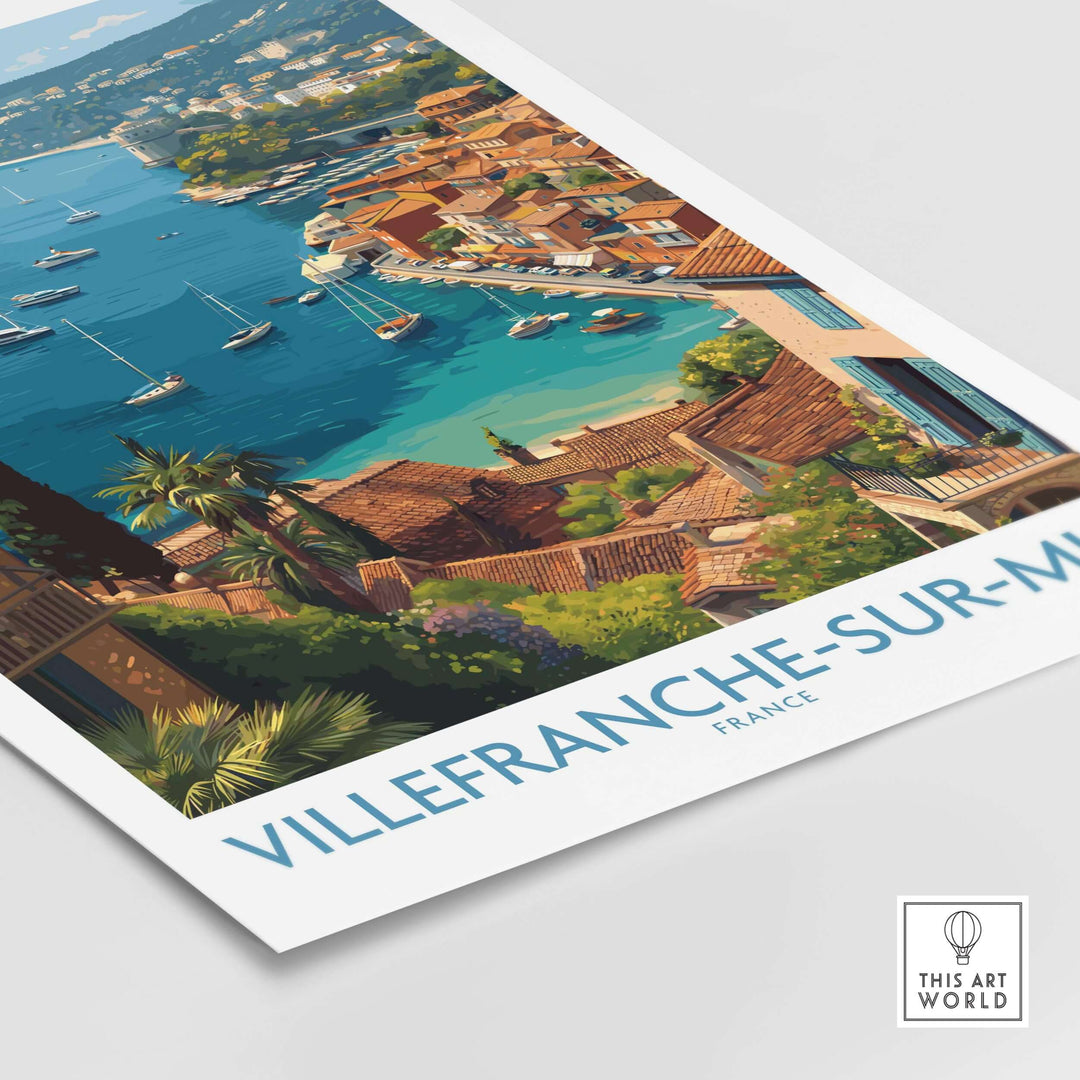 Villefranche-sur-Mer travel poster showcasing vibrant coastal scenery of the French Riviera.
