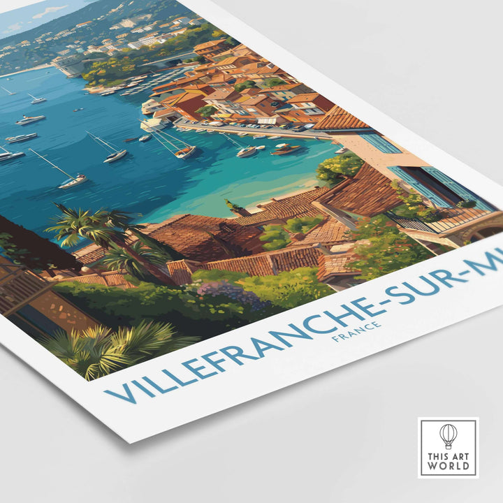 Villefranche-sur-Mer travel poster showcasing vibrant coastal scenery of the French Riviera.
