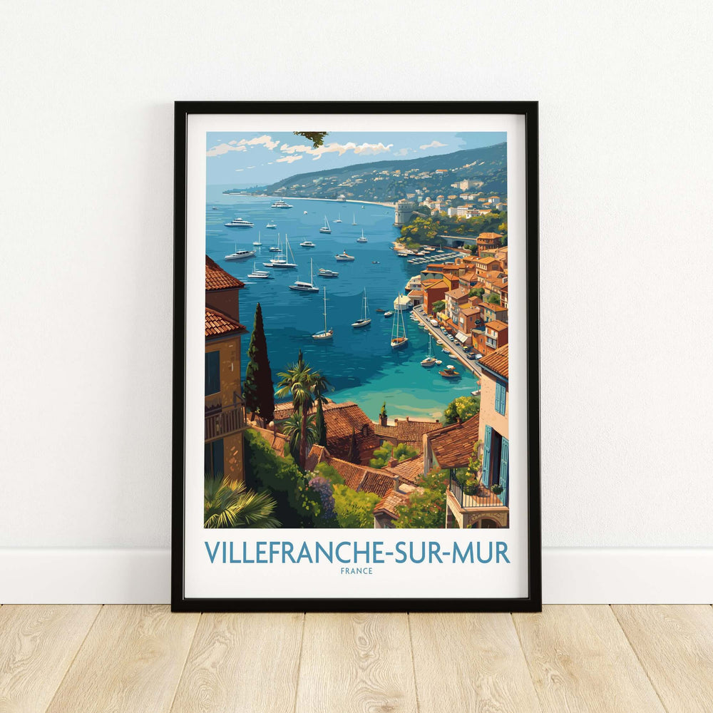 Villefranche-sur-Mer travel poster depicting vibrant coastal scenery and elegant architecture of the French Riviera.