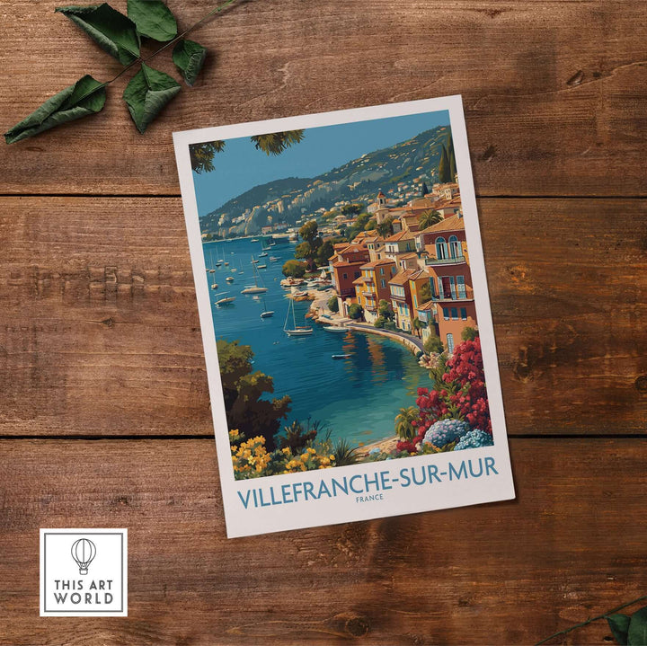 Villefranche-sur-Mer travel poster showcasing vibrant coastal buildings and scenic views of the French Riviera.