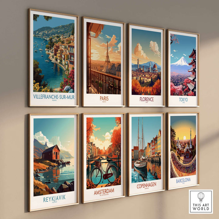 Colorful travel posters showcasing Villefranche-sur-Mer, Paris, Florence, Tokyo, Reykjavik, Amsterdam, Copenhagen, and Barcelona.