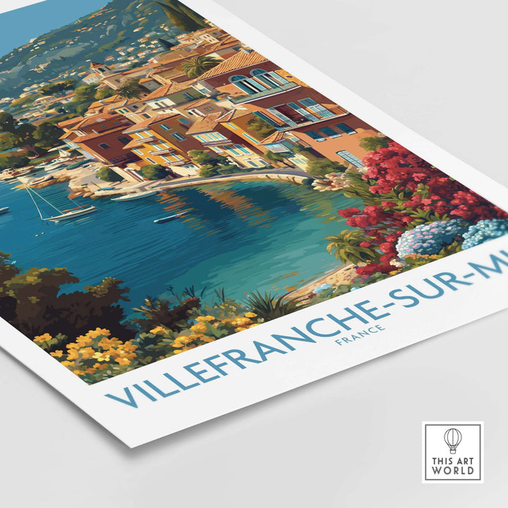 Vibrant Villefranche-sur-Mer print showcasing colorful buildings and serene coastal scenery of the French Riviera.