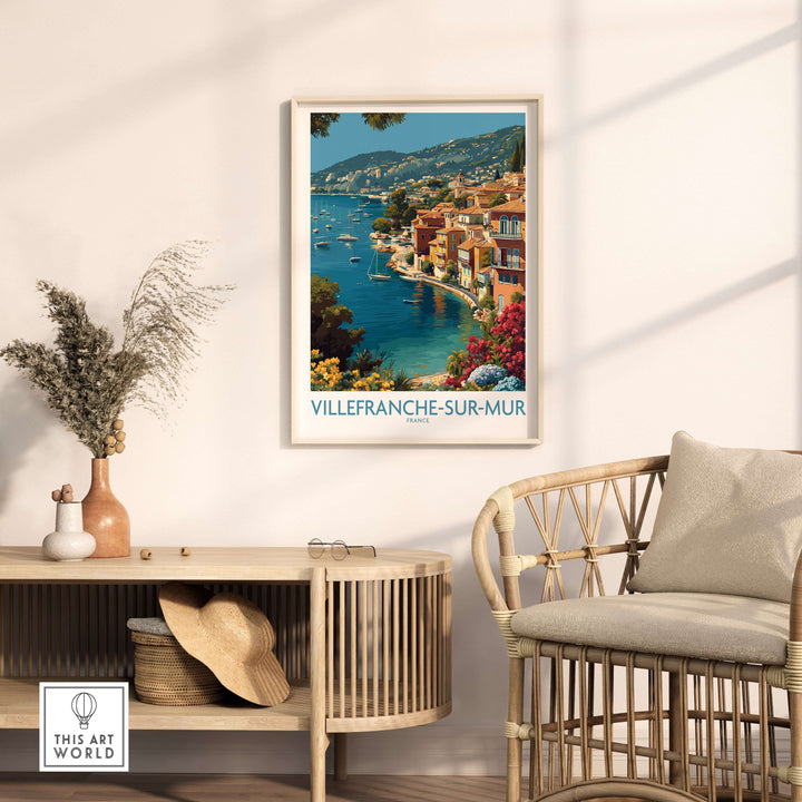 Villefranche-sur-Mer print showcasing colorful buildings and scenic coastal view, perfect Mediterranean wall art.