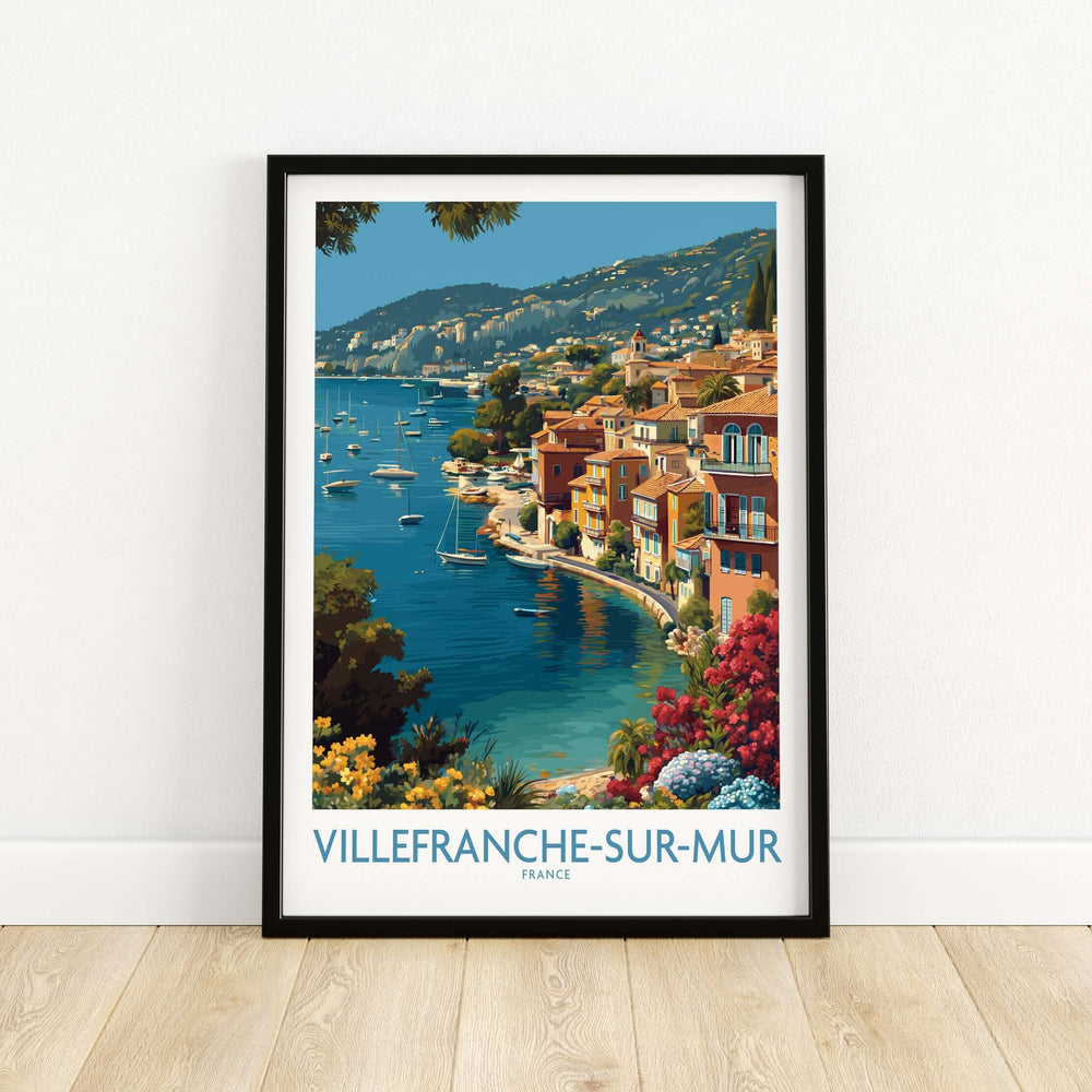 Villefranche-sur-Mer print showcasing colorful buildings and serene Mediterranean views, perfect for wall art decor.