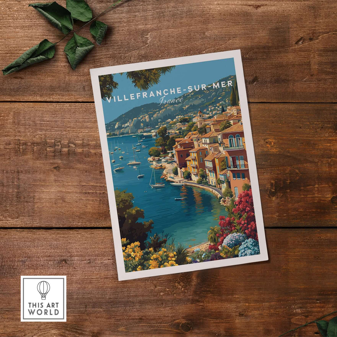 Villefranche-sur-Mer coastal village print, vibrant bay artwork for elegant home decor, Cote d'Azur style.