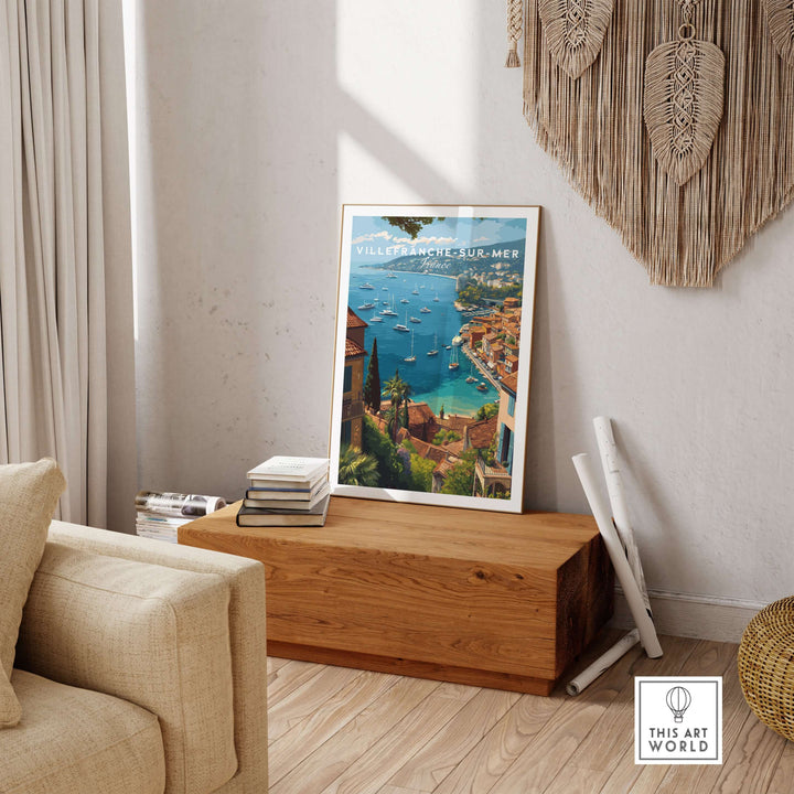 Villefranche-sur-Mer travel poster showcasing the French coastal town's beauty in a cozy interior setting.