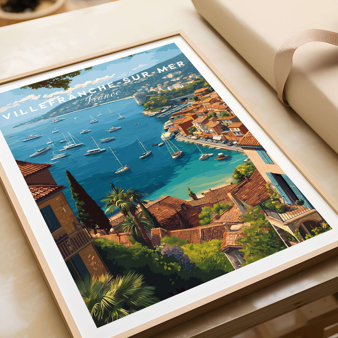 Villefranche-sur-Mer travel poster showcasing the scenic French coastline with boats and colorful buildings.
