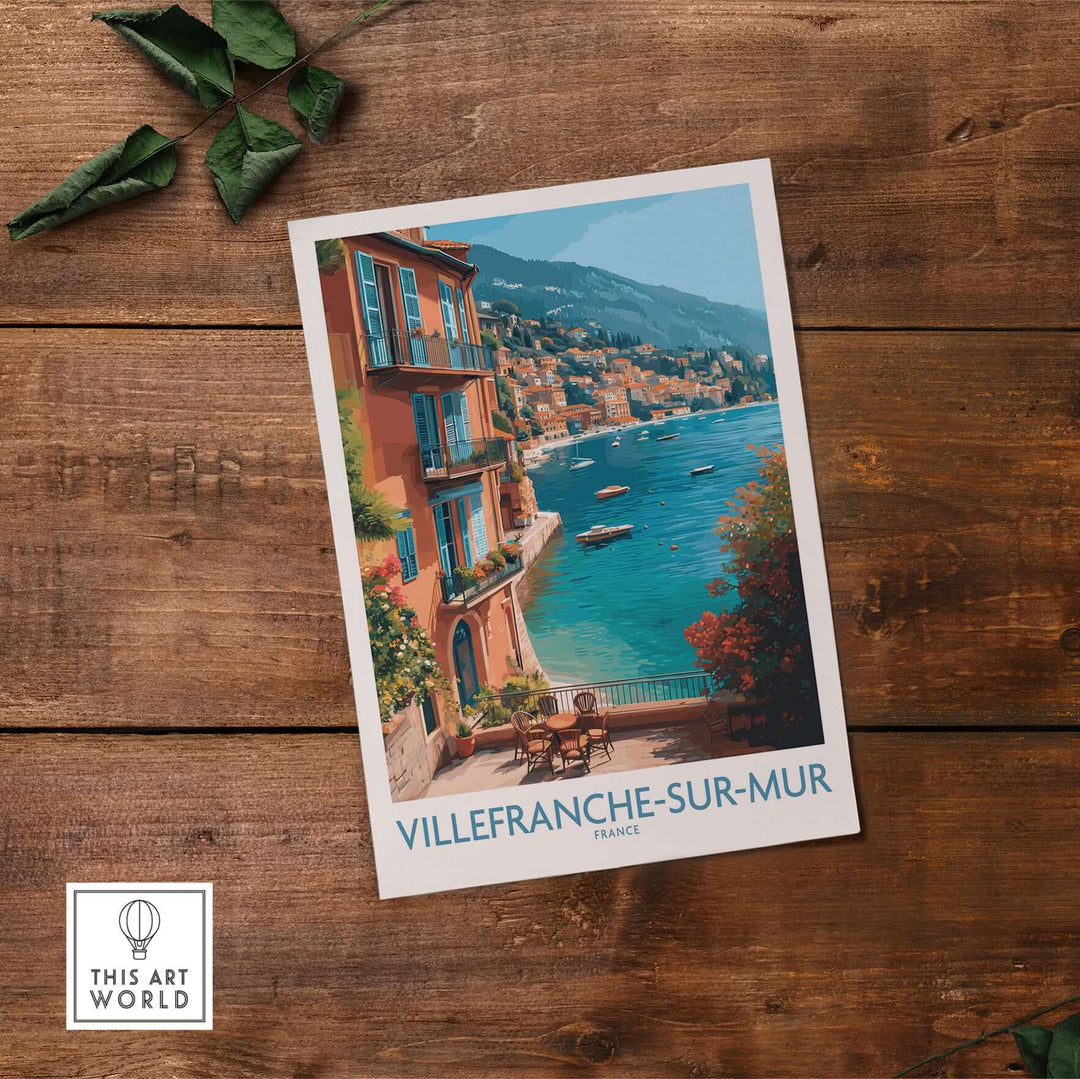 Villefranche-sur-Mer poster featuring coastal village scenes and Mediterranean waters, perfect for wall art lovers.
