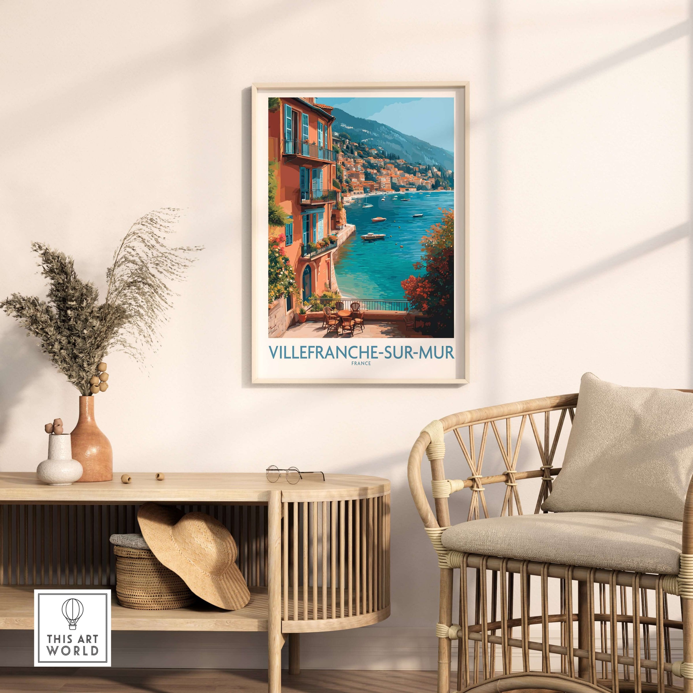 Villefranche-sur-Mer Poster - French Riviera Wall Art - Coastal Village Print displayed in a stylish interior setting.