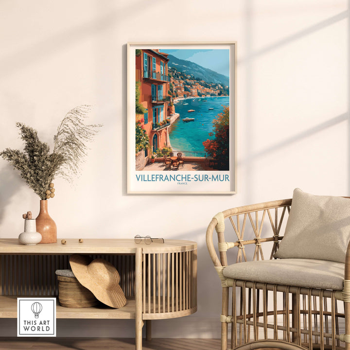 Villefranche-sur-Mer poster showcasing vibrant coastal village scenes and Mediterranean waters, perfect for wall art decor.