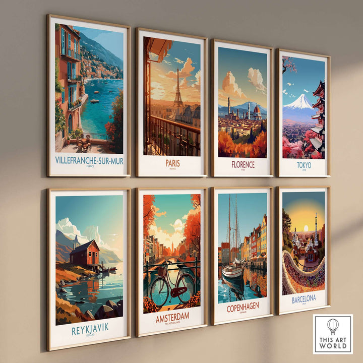 Collection of vibrant travel posters featuring Villefranche-sur-Mer, Paris, Florence, and more.
