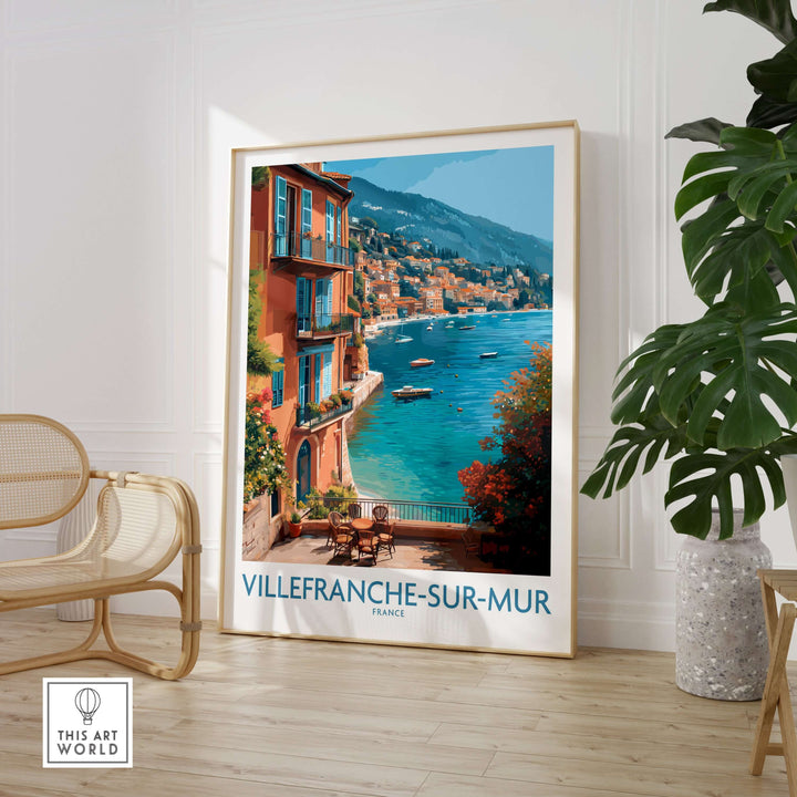 Villefranche-sur-Mer poster showcasing colorful coastal architecture and Mediterranean waters in a stylish living room setting.