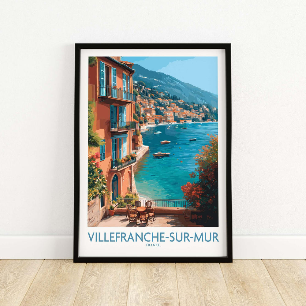 Villefranche-sur-Mer poster showcasing vibrant coastal village scenes and Mediterranean waters.