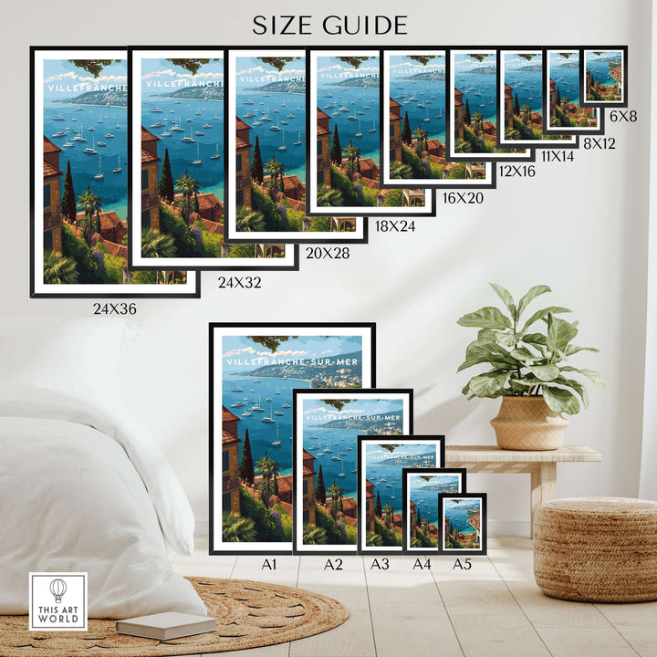 Size guide for Villefranche-sur-Mer travel poster prints in various dimensions on a decorated wall.