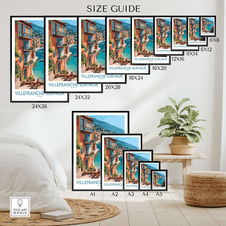 Size guide for Villefranche-sur-Mer poster showcasing various frame sizes for French Riviera wall art.