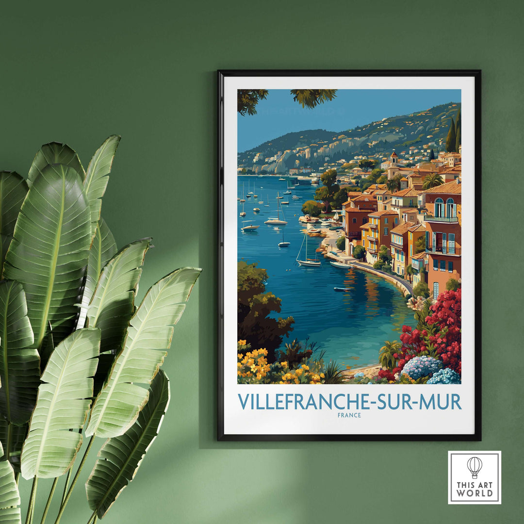 Villefranche-sur-Mer travel poster featuring colorful buildings and coastal scenery in the French Riviera.