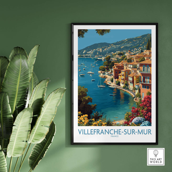 Villefranche-sur-Mer travel poster featuring colorful buildings and coastal scenery in the French Riviera.