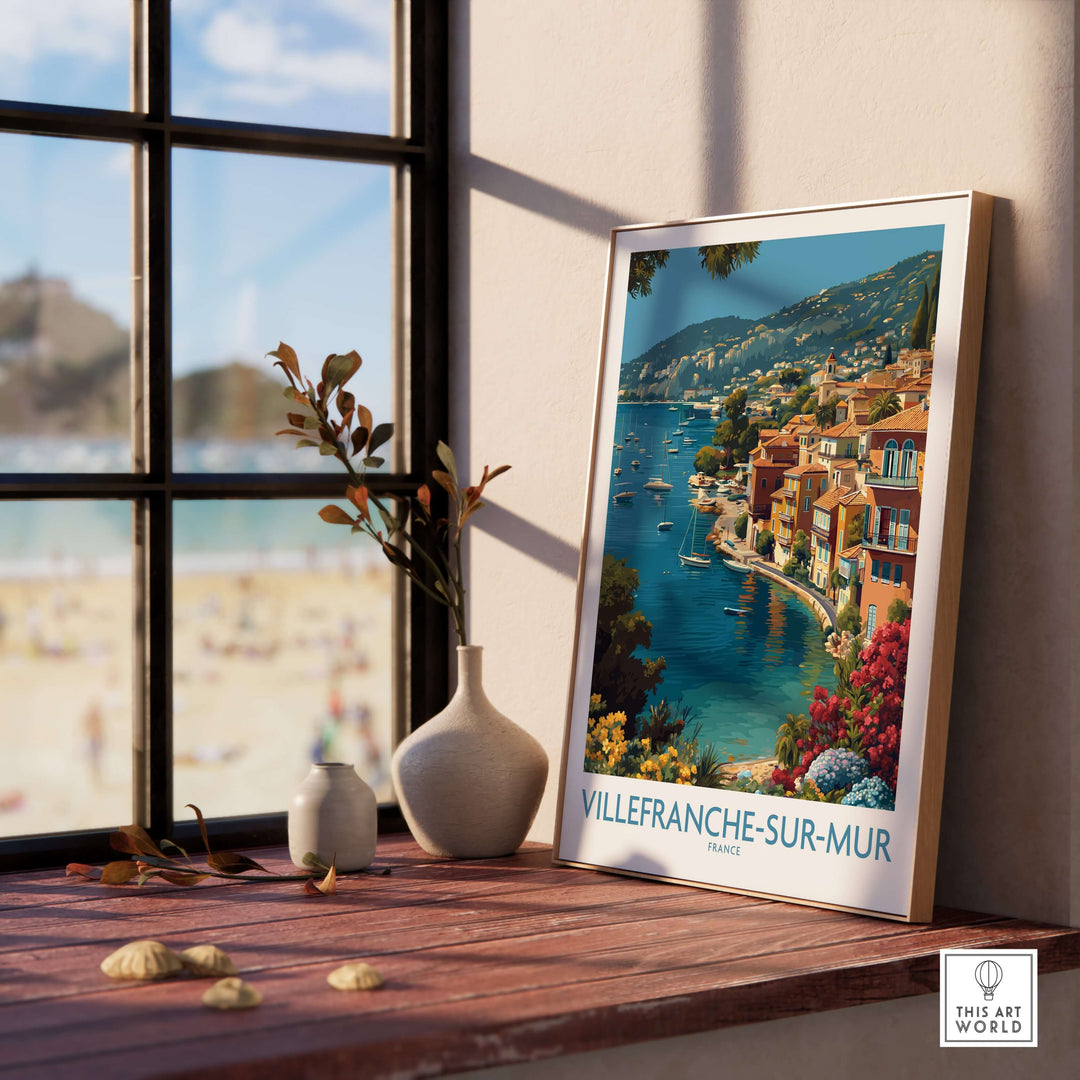 Villefranche-sur-Mer travel poster showcasing colorful buildings and coastal scenery in a Mediterranean setting.