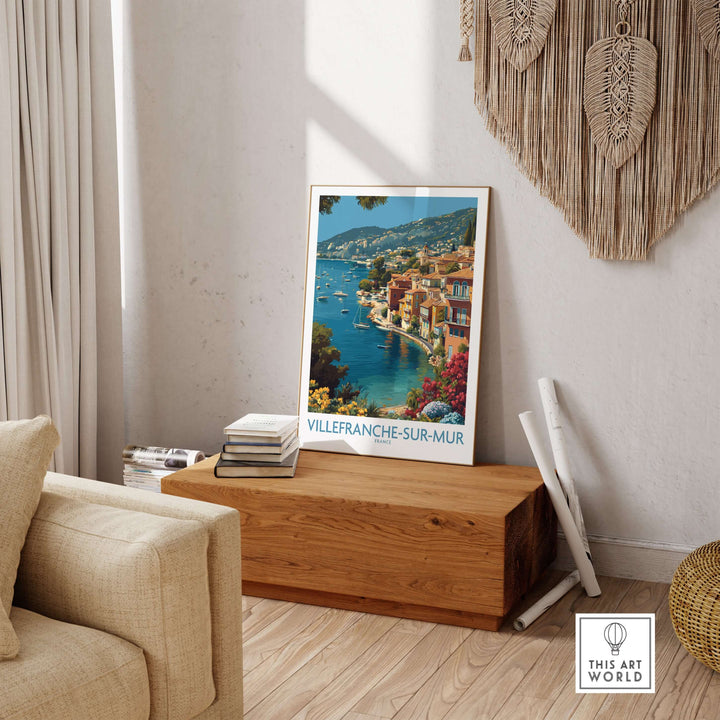 Villefranche-sur-Mer travel poster showcasing colorful buildings and coastal scenery in a stylish interior setting.