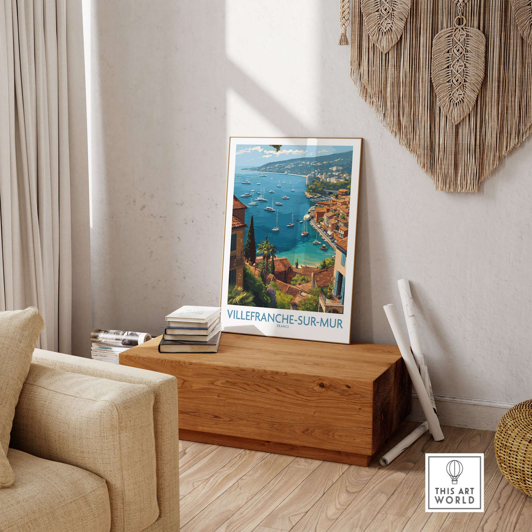 Villefranche-sur-Mer travel poster art print showcasing vibrant coastal scenery and architecture in a stylish living room setting.
