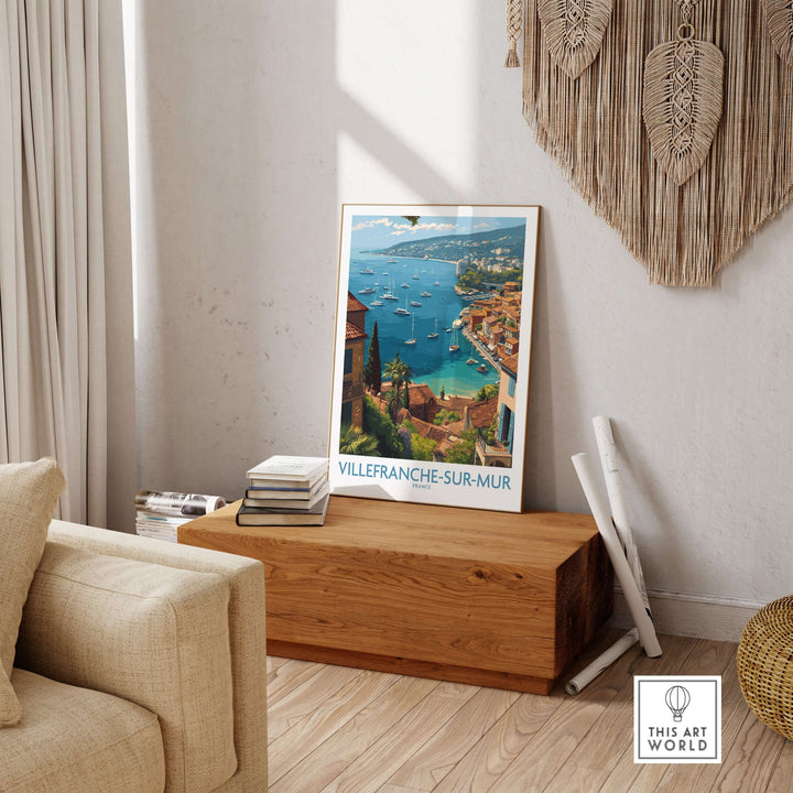 Villefranche-sur-Mer travel poster art print showcasing vibrant coastal scenery and architecture in a stylish living room setting.