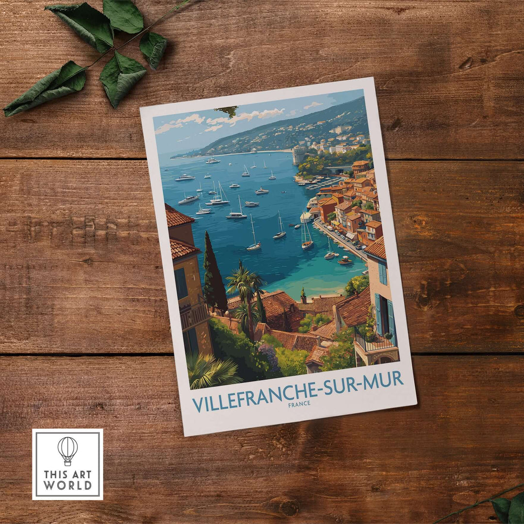 Villefranche-sur-Mer travel poster showcasing vibrant coastal scenery and architecture of the French Riviera.