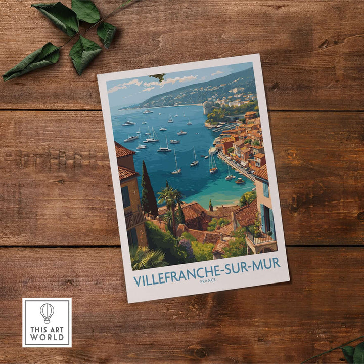 Villefranche-sur-Mer travel poster showcasing vibrant coastal scenery and architecture of the French Riviera.