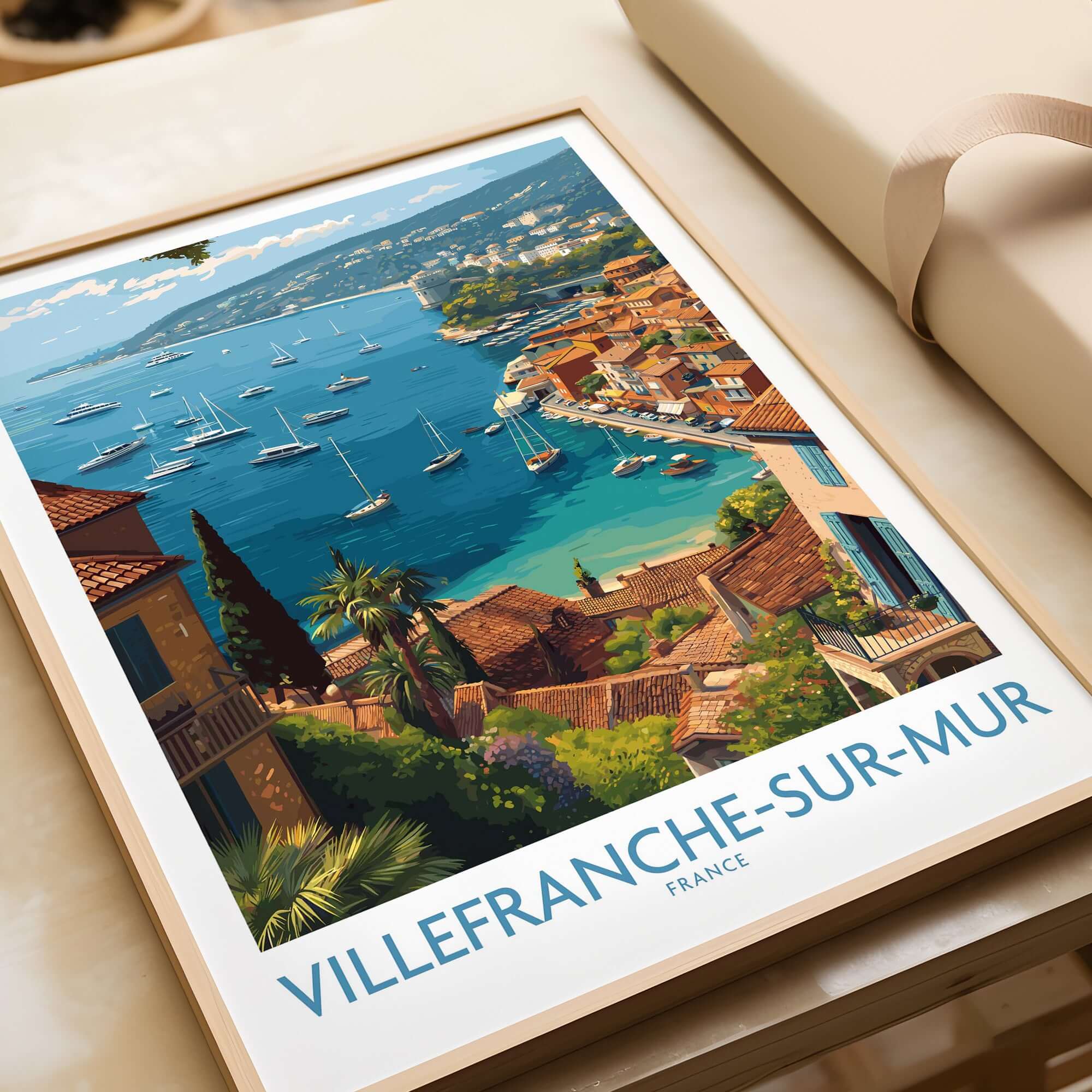 Villefranche-sur-Mer Travel Poster - French Riviera Wall Art - Art Print featuring vibrant coastal scenery and architecture.