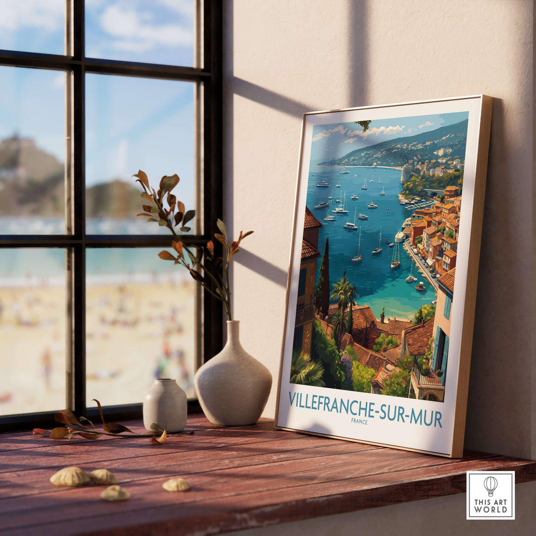 Villefranche-sur-Mer travel poster framed by a window, showcasing the coastal beauty of the French Riviera.