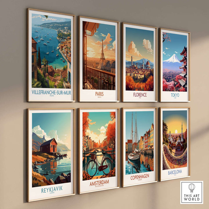 Collection of travel posters featuring Villefranche-sur-Mer, Paris, Florence, Tokyo, Reykjavik, Amsterdam, Copenhagen, and Barcelona.