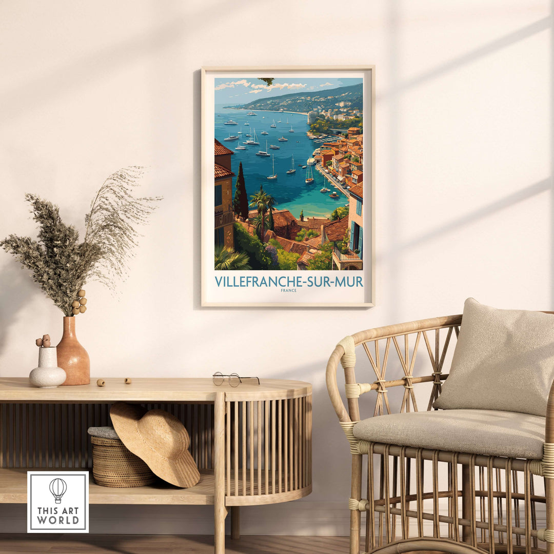 Villefranche-sur-Mer travel poster art print featuring coastal scenery and elegant architecture in a stylish interior setting.
