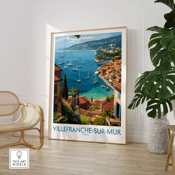 Villefranche-sur-Mer travel poster showcasing vibrant coastal scenery and Mediterranean architecture, perfect for wall art.