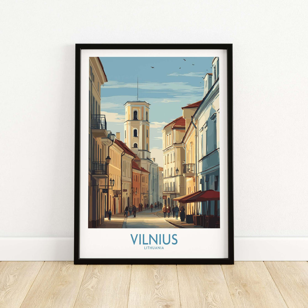 Vilnius poster showcasing historic architecture in Lithuania's Old Town, framed wall art for European city lovers.