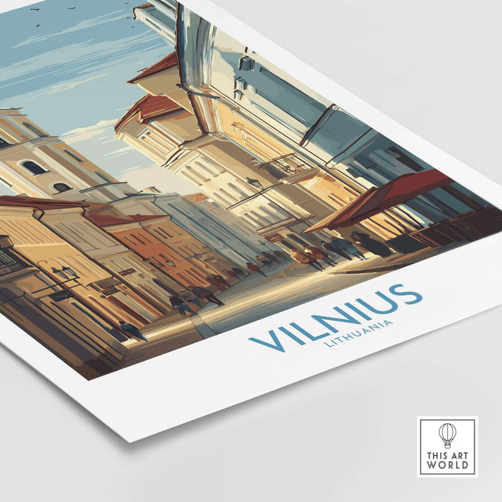 Vilnius poster featuring a vibrant street scene of Lithuania's Old Town, showcasing classic architecture and city charm.
