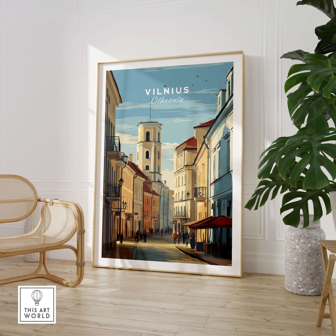 Vilnius Lithuania travel poster showcasing urban cityscape in a stylish home setting.