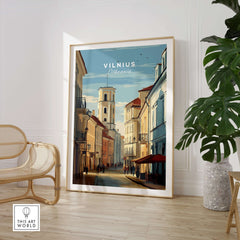 Vilnius Print - Lithuania Travel Poster - Urban Cityscape Wall Decor in elegant interior setting.