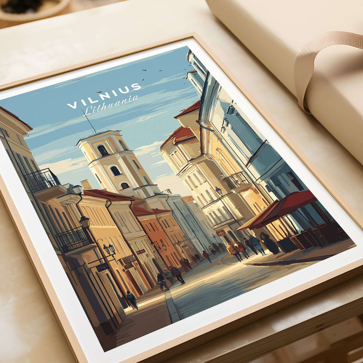 Vilnius Lithuania travel poster showcasing a vibrant urban cityscape, framed wall decor design.