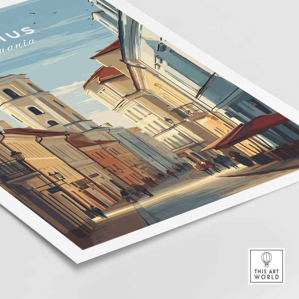 Vilnius Lithuania travel poster featuring a vibrant urban cityscape, ideal for wall decor enthusiasts.