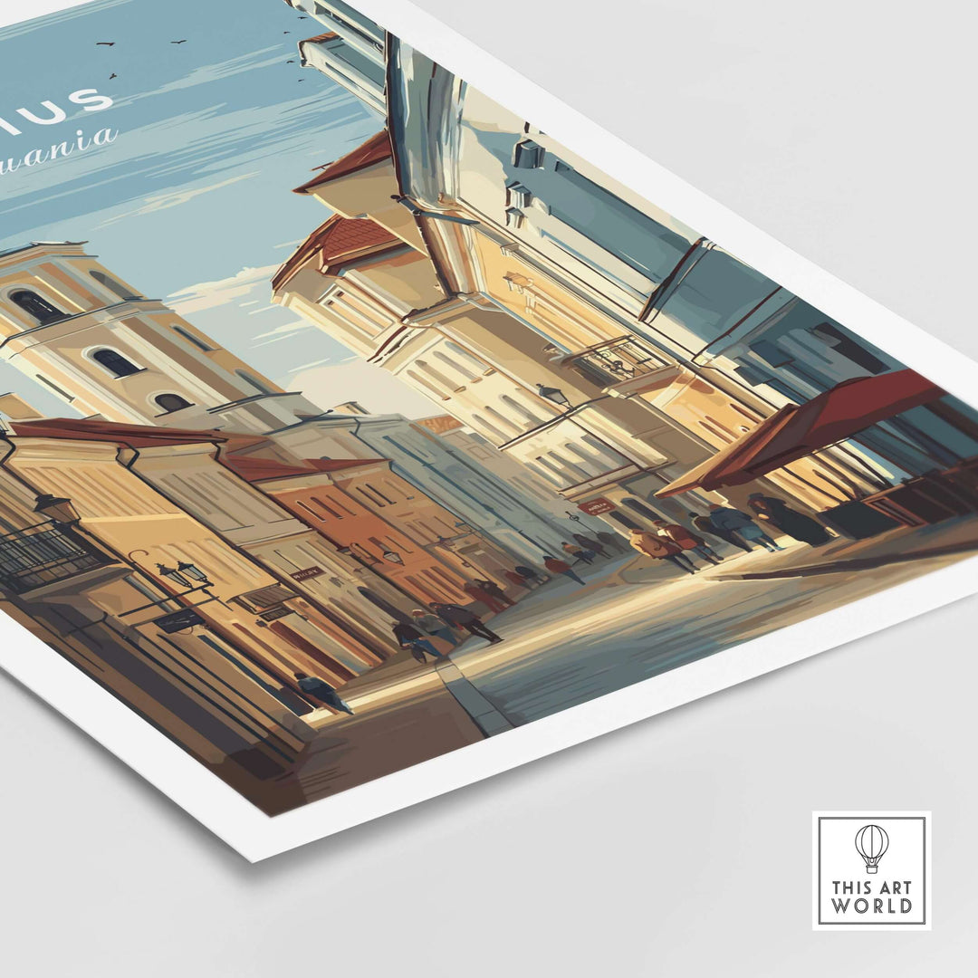 Vilnius Lithuania travel poster featuring a vibrant urban cityscape, ideal for wall decor enthusiasts.