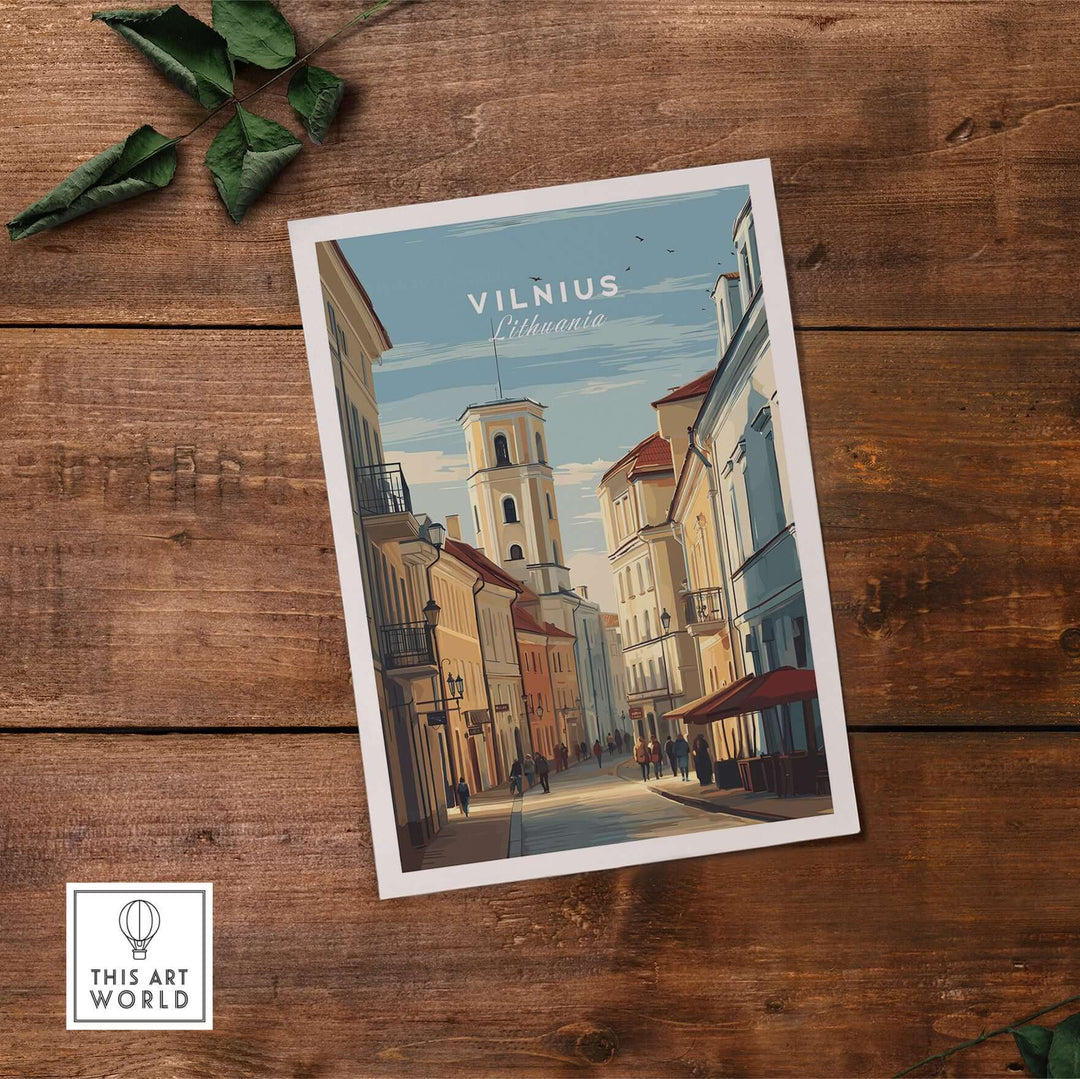 Vilnius travel poster featuring an urban cityscape, showcasing the blend of history and modern life in Lithuania.