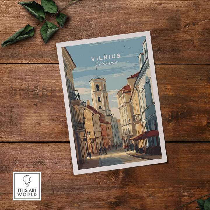 Vilnius travel poster featuring an urban cityscape, showcasing the blend of history and modern life in Lithuania.