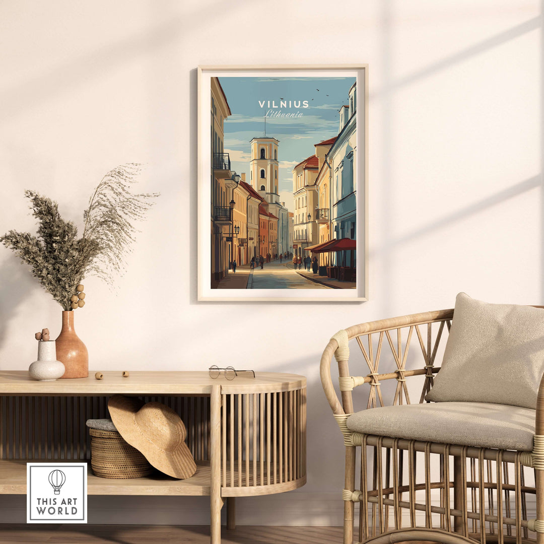 Vilnius travel poster featuring an urban cityscape, framed wall art in a stylish interior setting.